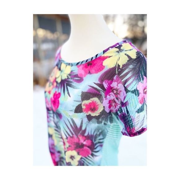 Seven7 Top Tee Shirt Floral Stripe Chiffon Jersey Knit High Low Sheer Knot Sz M - Picture 3 of 11